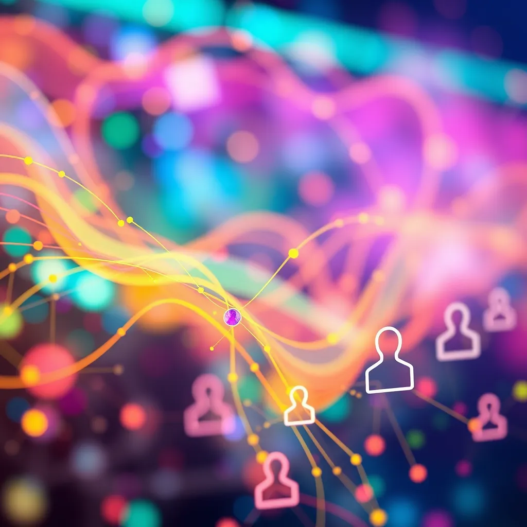 A futuristic, colorful, and abstract representation of AI algorithms analyzing data points and generating personalized content for different audience segments. Show this data as colorful, flowing lines connecting to individual user icons. The background should be a blend of vibrant hues, showcasing the dynamic nature of AI-powered personalization.