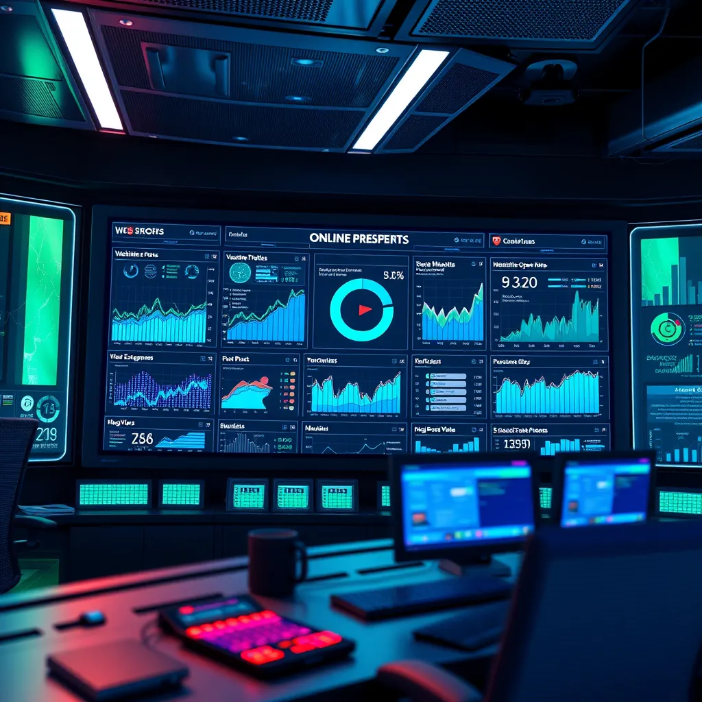 A futuristic, data-driven visualization of a local business’s online presence. A large screen displays interactive dashboards showcasing various data points related to website traffic, newsletter open rates, blog post engagement, YouTube video views, podcast downloads, and social media reach. The data is presented in a visually engaging and insightful manner, with clear trends and insights. The overall scene should convey a sense of control, efficiency, and data-driven decision-making. 8K resolution, hyperrealistic, ultra-detailed, emphasizing a vibrant and dynamic color palette with an emphasis on blue and green hues.