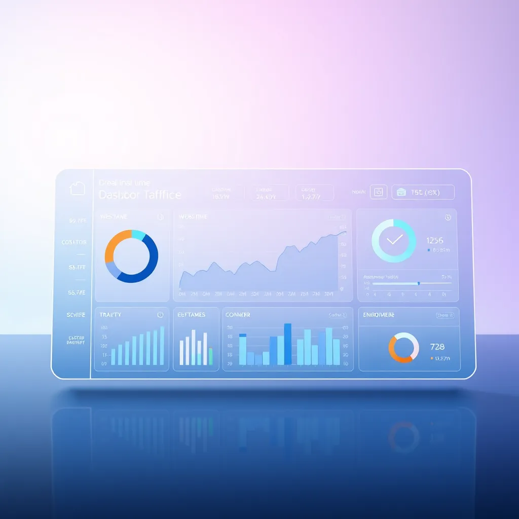 A futuristic, minimalist image showcasing a sleek, interactive dashboard with real-time data visualizations. The dashboard should display key performance indicators such as website traffic, conversion rates, and customer engagement. The background should have a soft, gradient color palette and a subtle geometric pattern, emphasizing the data-driven approach to e-commerce optimization.