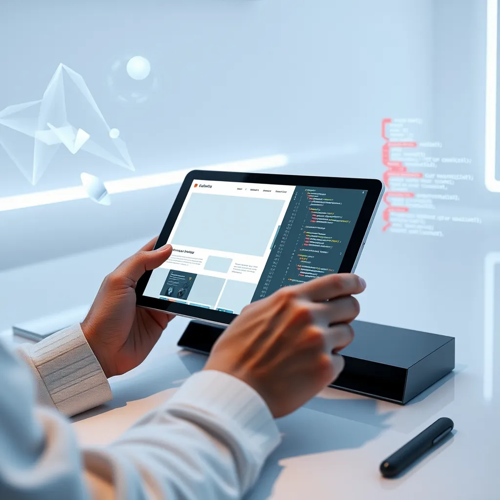 A futuristic, minimalist workspace with a person using a tablet to design a website. The tablet screen shows a website mockup with smooth transitions and interactive elements. In the background, abstract data visualizations and code snippets float around, showcasing the power of AI in the design process.