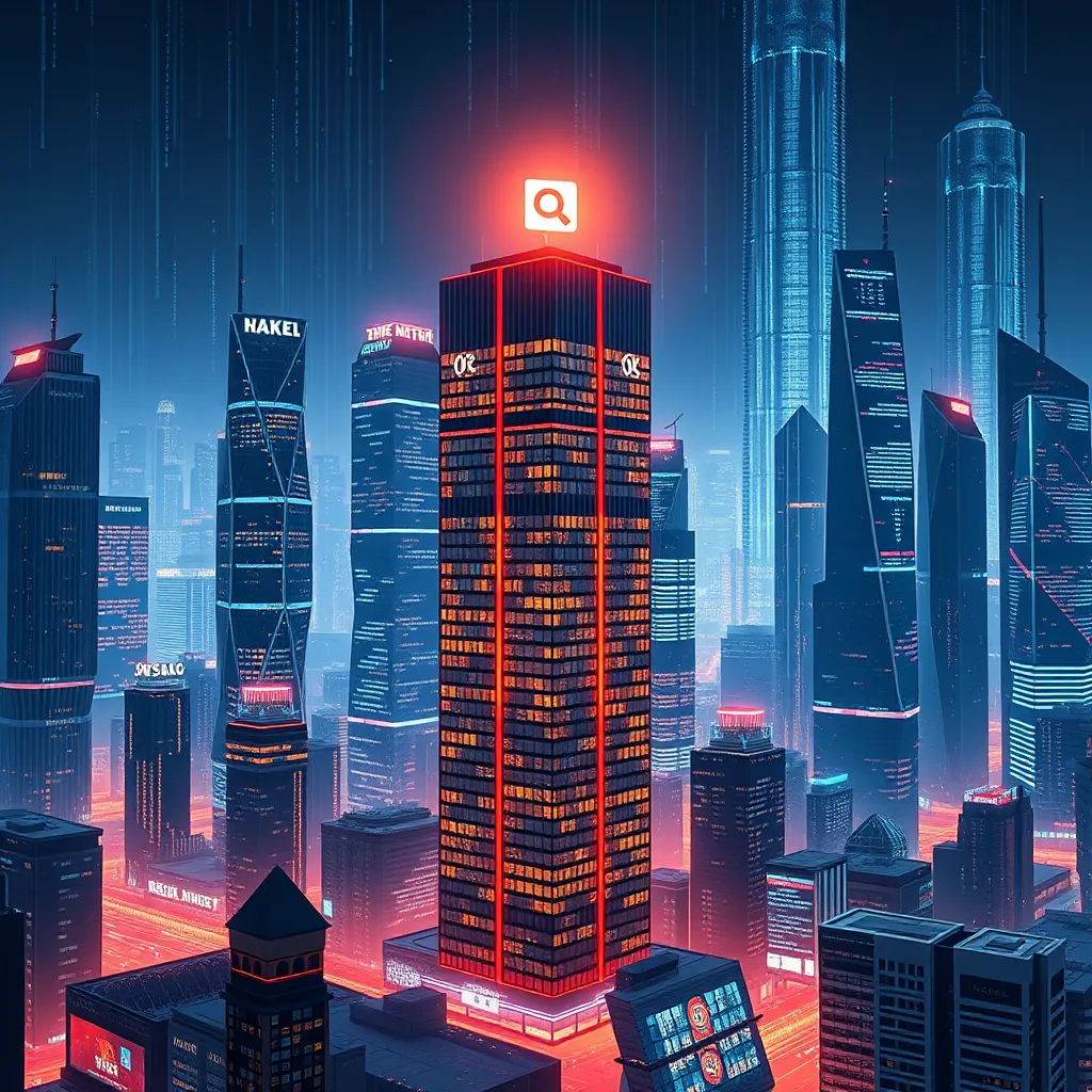A futuristic cityscape with towering buildings representing websites. One building is highlighted with a search engine icon on top, representing a website optimized for search. The background should include a flow of data and search results around the highlighted building.