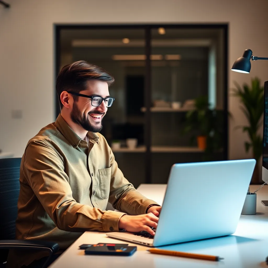 A graphic designer sitting at a desk in a well-lit office, using a laptop to show various payment options to a client. The laptop screen should display different payment icons like credit cards, debit cards, and online payment platforms. The client should have a smile on their face, expressing satisfaction.