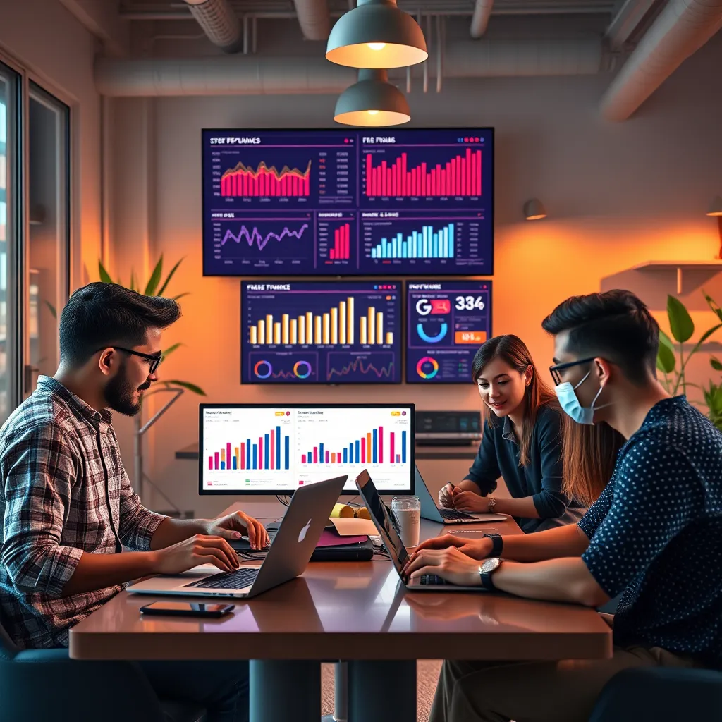 A group of influencers collaborating in a vibrant, modern office setting. They are working on laptops, brainstorming, and analyzing data. A large monitor displays charts and graphs representing their e-commerce performance. The overall atmosphere is positive and energetic, showcasing the program's supportive environment.