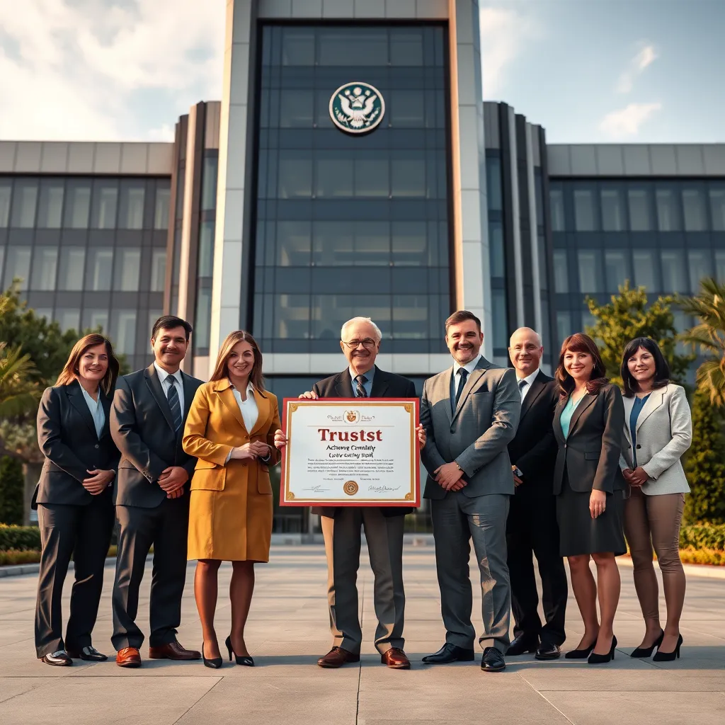 A group of people in business attire standing in front of a large, modern building. They are holding a certificate of achievement, symbolizing successful completion of a government project. The image should convey a sense of accomplishment and trust.
