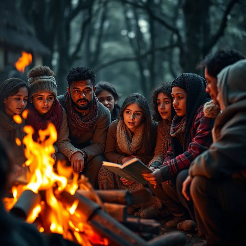 A group of people of diverse ages and backgrounds gathered around a campfire, listening intently to a story being told. The scene should be warm and inviting, with flickering flames casting a soft glow on the listeners' faces.