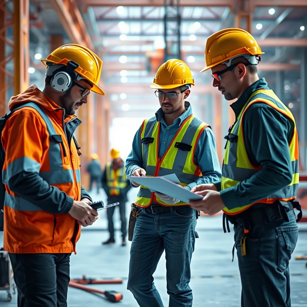 A group of skilled subcontractors, wearing safety gear and uniforms, working diligently on a large-scale construction project. The image should portray a collaborative environment, advanced technology, and a focus on precision and quality craftsmanship.