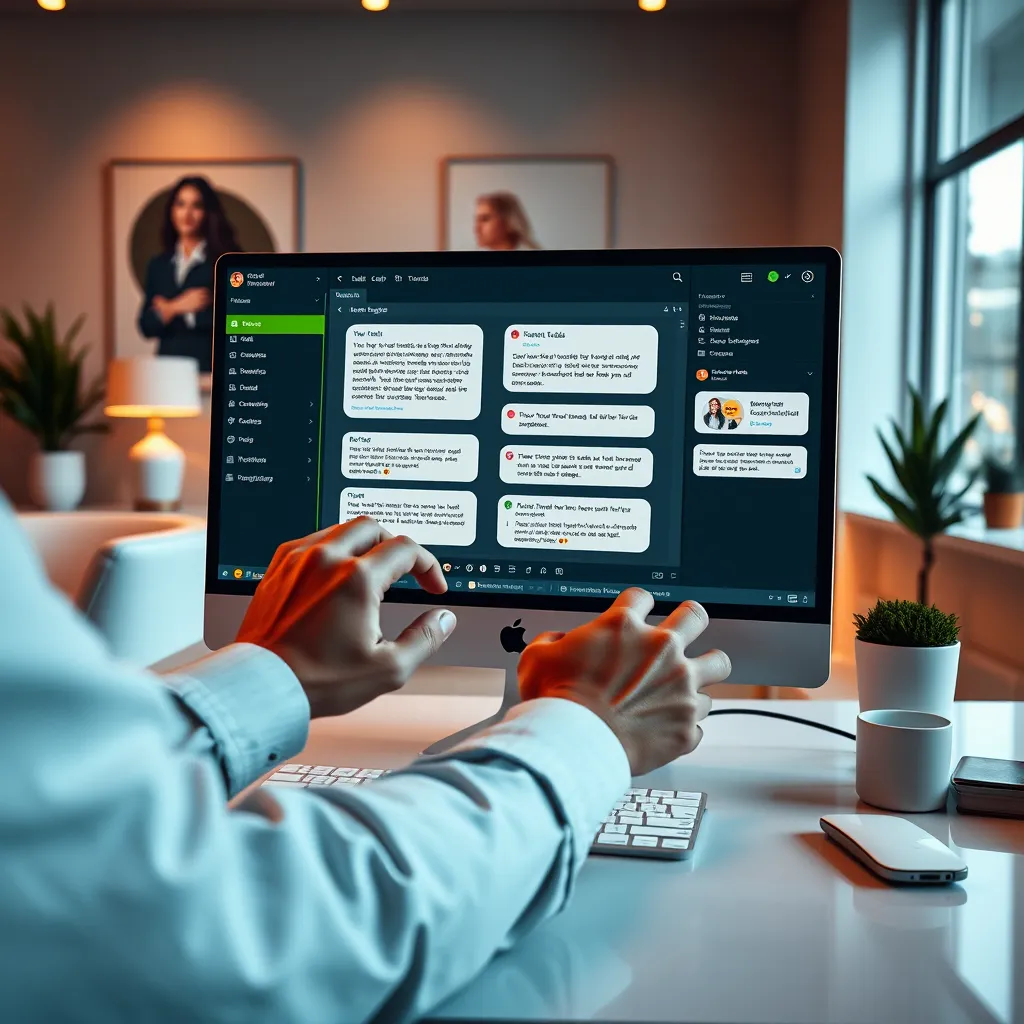 A high-resolution image of a user customizing a MissedCall Responder template on their computer. The scene should be set in a contemporary workspace with sleek furniture, soft lighting, and minimalist decor. The focus should be on the user's hands interacting with the template editor, highlighting the intuitive interface, drag-and-drop functionality, and various options for customizing text, branding elements, and call-to-actions. The background should subtly depict a selection of branded text messages, showcasing the flexibility and customization options available. The image should be rendered in ultra-high quality, capturing the intricate details of the user interface, the texture of the computer screen, and the reflection of light on the surrounding surfaces. The overall style should evoke a sense of control, creativity, and professional polish, similar to the imagery used by leading software companies.