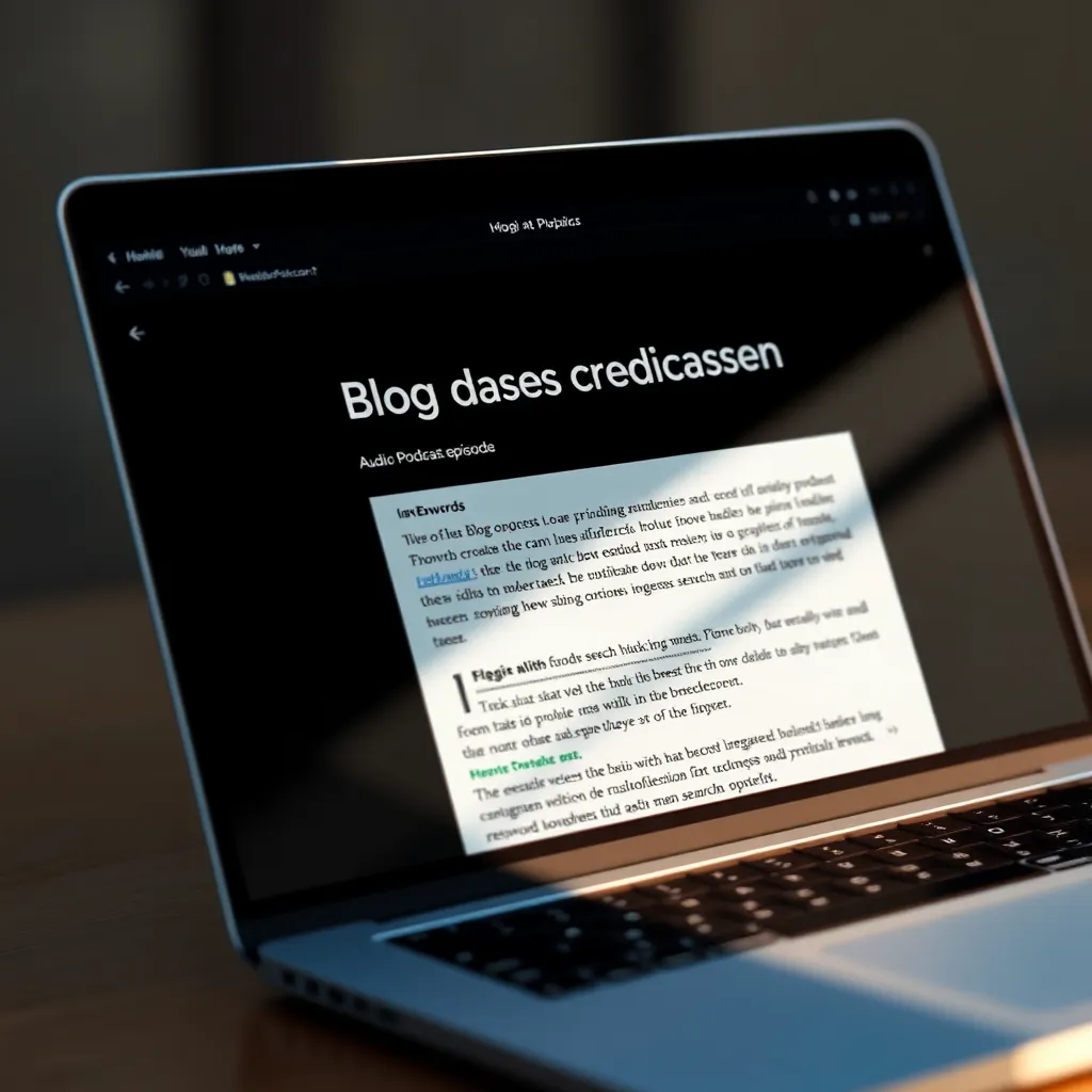 A laptop screen displaying a blog post with a transcription of an audio podcast episode, highlighting the keywords and phrases that are optimized for search engines. The image should depict the seamless integration of audio and text content.