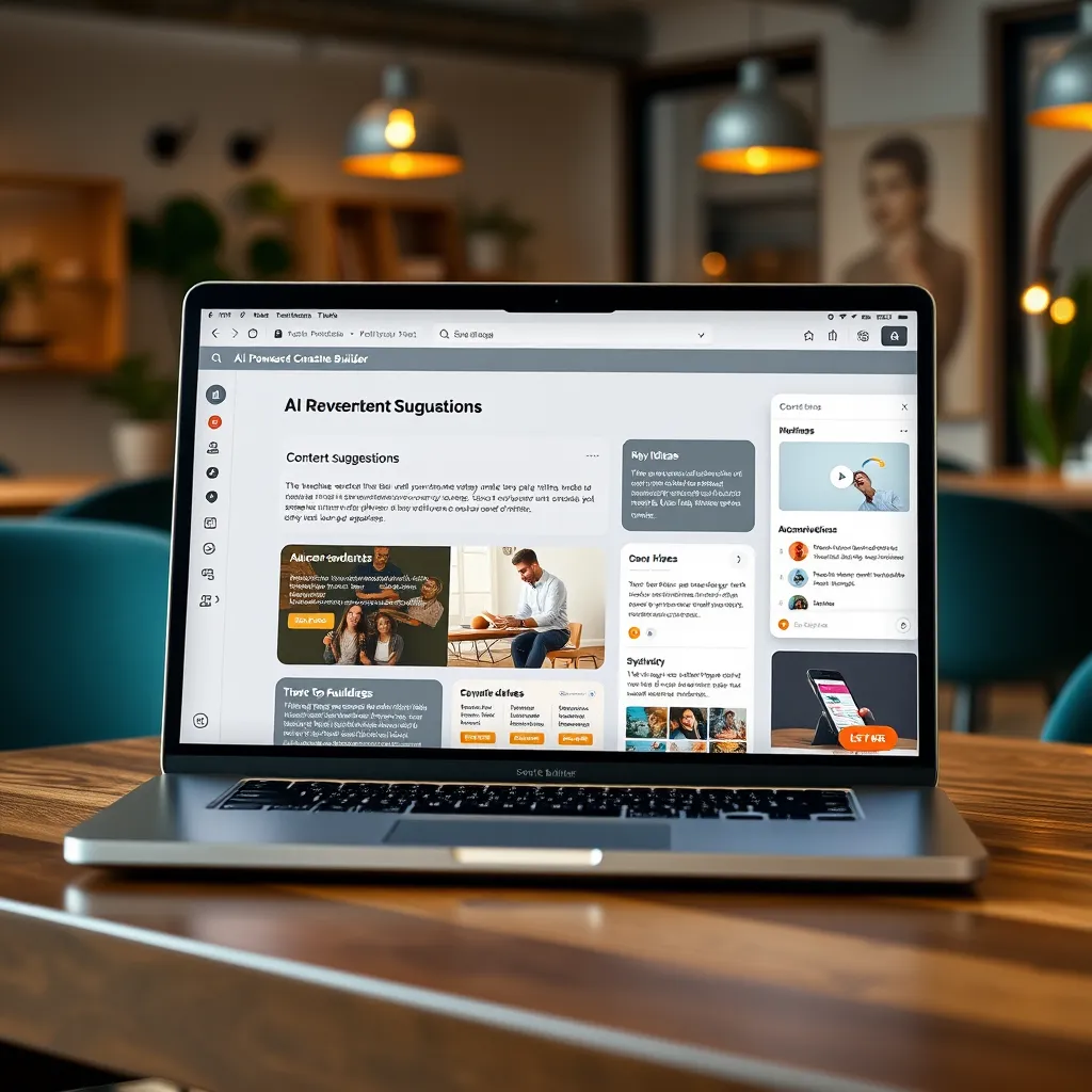  A laptop screen displaying a website builder interface with an AI-powered content suggestion feature. The screen shows various text suggestions, image recommendations, and layout ideas, all tailored to a specific industry and target audience. The laptop is placed on a wooden desk in a stylish co-working space.