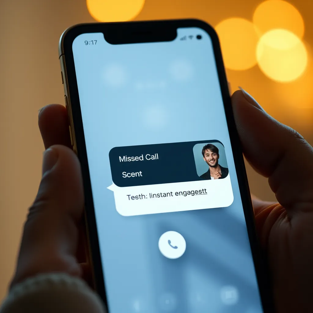 A mobile phone with a missed call notification, a pop-up window showing a text message being sent, and a smiling person on the other side of the phone, representing instant engagement.
