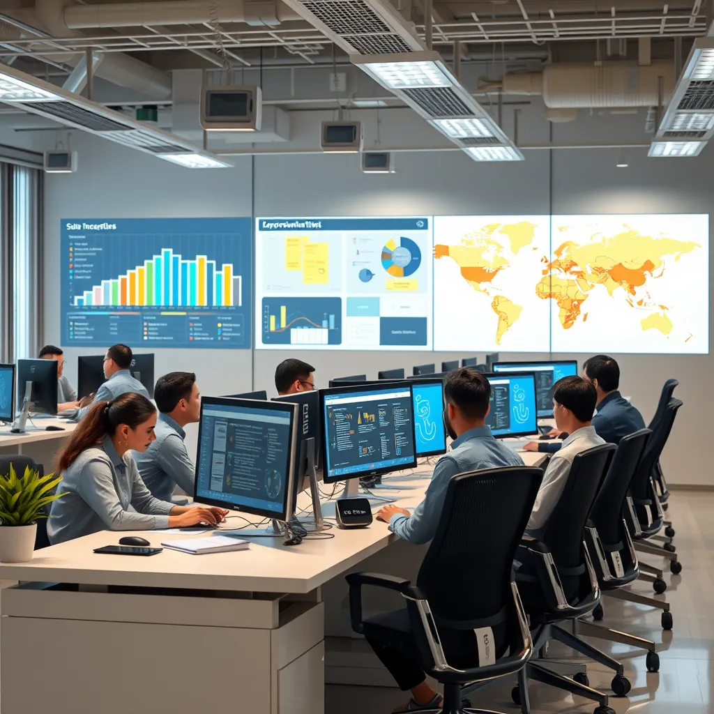 A modern, clean office space with several people working on computers and collaborating on a project. The background should include visuals representing different areas of expertise: a project management chart, a cybersecurity screen, and a logistics map.