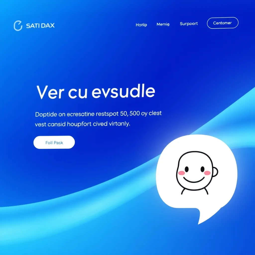 A modern, minimalist website with a chat bubble icon in the bottom right corner. The chat bubble is filled with a friendly, cartoon-like AI character with a smile, providing text-based support to a customer. The background should be a soft, gradient blue to represent a digital interface.