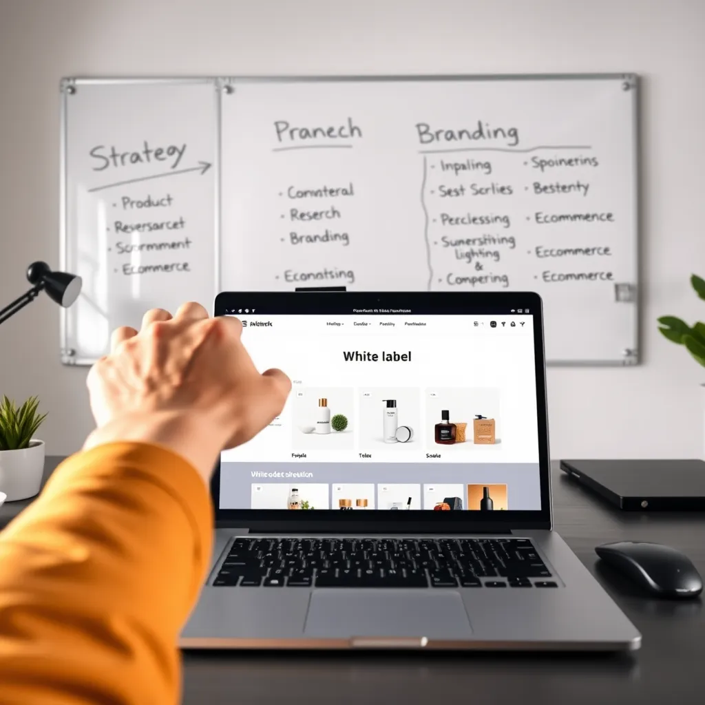 A modern, minimalist workspace with a laptop displaying a website showcasing various branded products. A hand is pointing at a product on the screen, emphasizing the 'white label' aspect. In the background, a whiteboard displays a strategy plan with keywords like 'product research', 'branding', and 'e-commerce'.