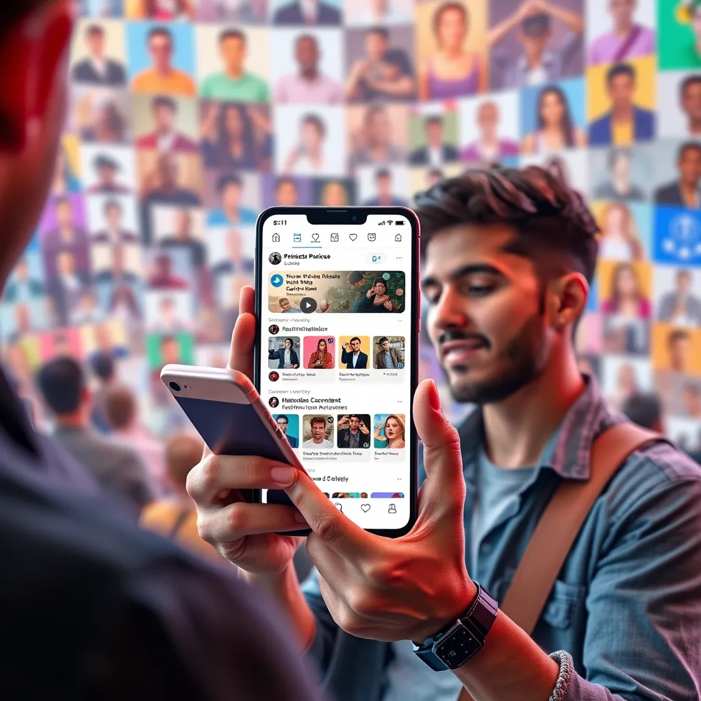A modern influencer on their phone, using a platform with an AI-powered feed showing personalized content recommendations. The background is a vibrant, bustling community forum with diverse user avatars and content snippets.