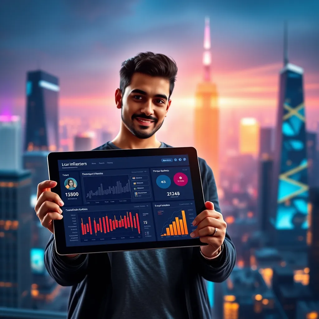 A modern influencer with a tablet displaying a dashboard filled with real-time data about their audience demographics, interests, and engagement. The background is a vibrant, digital city skyline, symbolizing the dynamic and connected nature of influencer marketing.