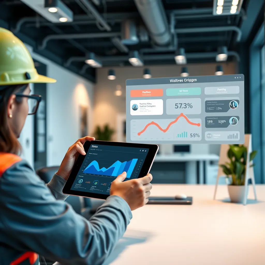 A modern office setting with a roofer using a tablet showing a dashboard with graphs and charts representing sales data. In the background, a virtual assistant with an AI interface is showing optimized sales workflows and suggesting improvements.