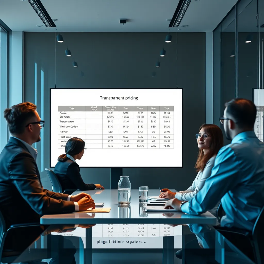 A modern office setting with a team of professionals discussing a transparent pricing structure displayed on a screen. The image should convey professionalism, clarity, and trust. The screen should display a table with clear headings and figures.
