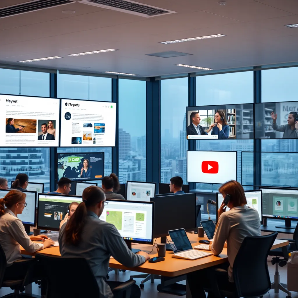 A modern office with a team of people working on computers and phones, surrounded by screens displaying various content formats like newsletters, blog posts, YouTube videos, and podcast waveforms. The background shows a cityscape, highlighting the local business focus.