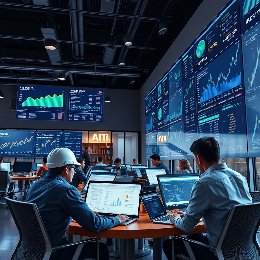 A modern office with a team of roofers working on laptops and tablets, surrounded by digital screens displaying data and charts. The scene is bright and energetic, showcasing the power of AI in lead generation.