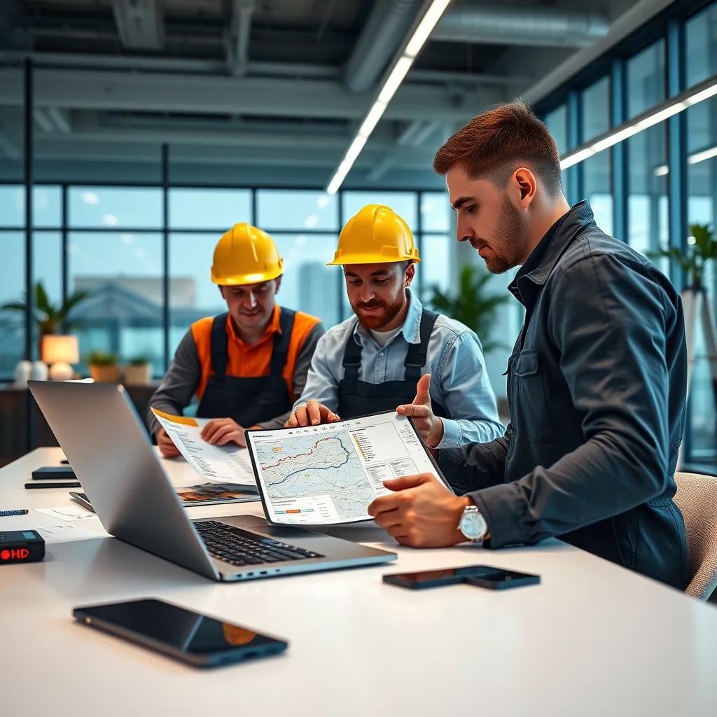 A modern office with a team of roofers using a laptop and tablet to analyze data and generate leads on a map. The image should convey efficiency and advanced technology.