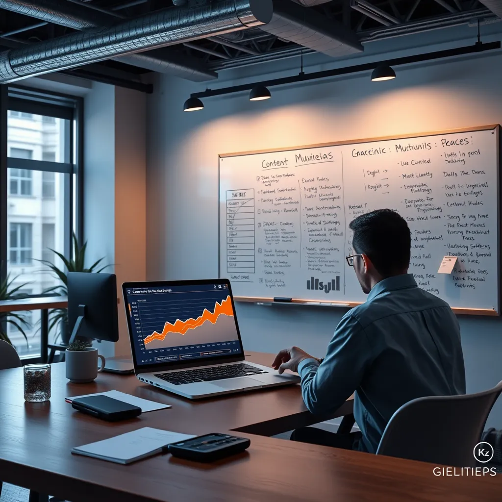 A modern office workspace with a laptop displaying a graph of content engagement, a person analyzing the data, and a whiteboard filled with notes about multimedia strategies, emphasizing data-driven decision-making in content creation.