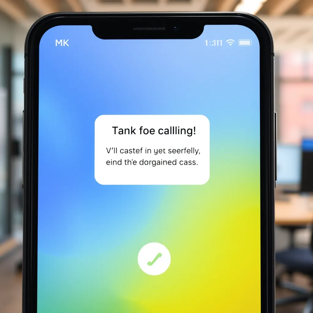 A modern phone with a bright screen displaying a missed call notification. A pop-up message on the screen shows a text message automatically being sent in response to the missed call, with the message saying 'Thank you for calling! We'll get back to you shortly. In the meantime, please visit our website for more information.' The background is a vibrant office setting, depicting a busy and productive environment.