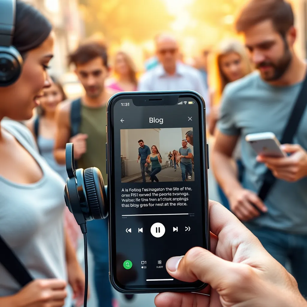 A modern smartphone with headphones on, playing a podcast with a blog article title on the screen. In the background, a diverse group of people are listening to the podcast on their devices, while walking, driving, or exercising. The scene should be bright and colorful, emphasizing the accessibility and enjoyment of audio content.