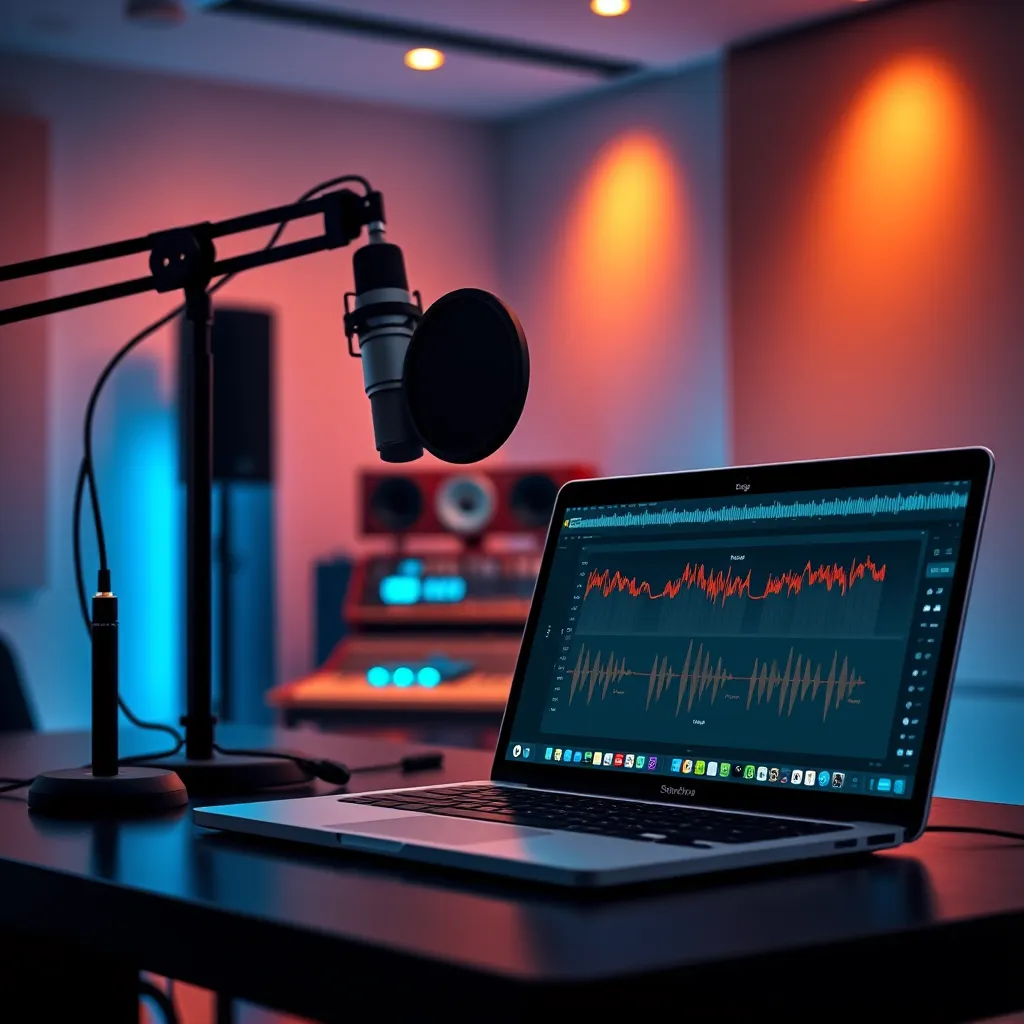 A modern studio with a sleek microphone setup. Soft, warm lighting bathes the room in a calming ambiance. A laptop displaying a blog post with a dynamic, animated waveform showing audio processing. The image is vibrant and detailed, showcasing a professional audio production environment. Style references: 'Studio recording session' photography.  8K resolution, photorealistic.