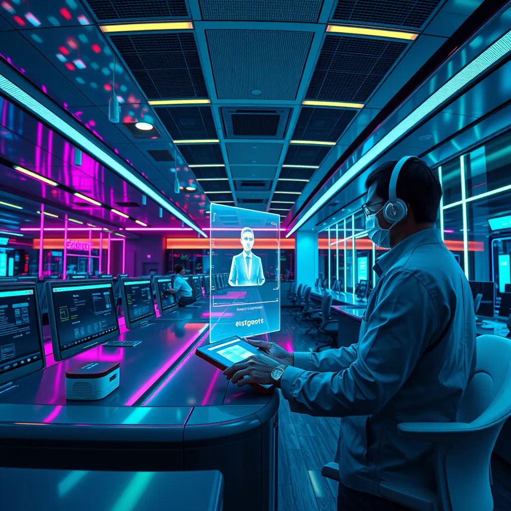 A panoramic view of a call center with a modern, sleek interior. In the foreground, a customer service agent interacts with a virtual customer, represented by a holographic projection of a person. The agent is using a holographic display to access customer information and offer personalized solutions. The scene should be rendered with a vibrant, futuristic aesthetic, featuring sleek chrome surfaces, vibrant neon accents, and a dynamic light display. The color palette should be predominantly cool tones with accents of neon green and purple. The camera angle should be high and angled, giving a sense of scale and perspective. The image should capture the efficiency and professionalism of the automated customer service solution, highlighting the seamless interaction between the agent and the customer. Style reference: 'Blade Runner 2049' by Ridley Scott.  