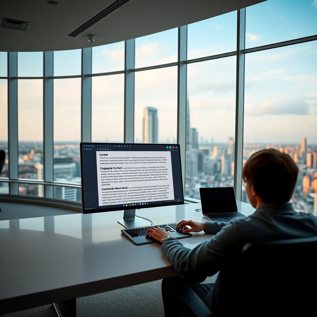 A panoramic view of a sleek, modern office space with a large window overlooking a bustling city. In the foreground, a person is seated at a desk, using a laptop with a website editor open. On the screen, text is being generated automatically by an AI writing tool, showcasing various engaging content options. The lighting is soft and diffused, with warm, natural tones. Render in 8K resolution with a high level of detail and a smooth, cinematic style. The image should convey a sense of efficiency, productivity, and creative inspiration.