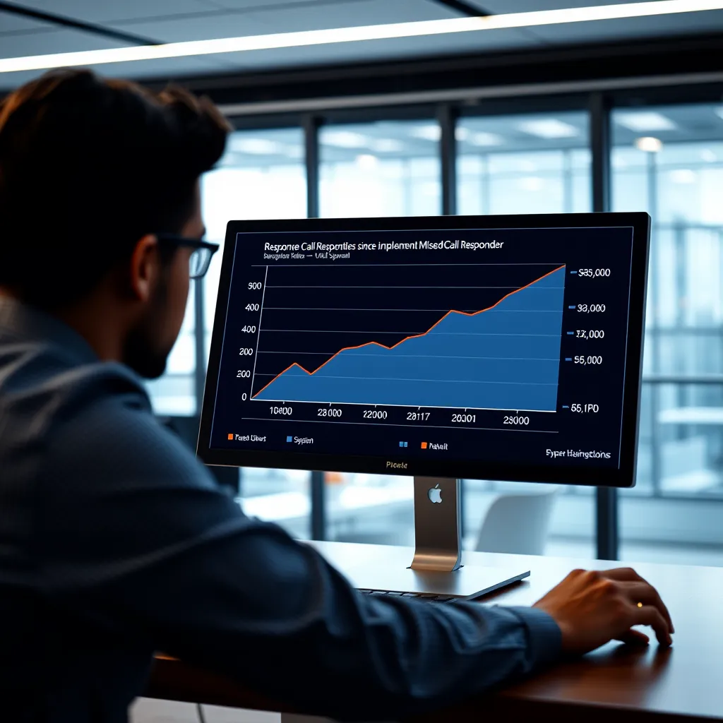 A person analyzing a graph on a computer screen. The graph shows an upward trend in response rates and conversion rates since implementing MissedCall Responder. The background is a modern, sleek office setting, emphasizing the data-driven nature of the tool and its impact on business outcomes.