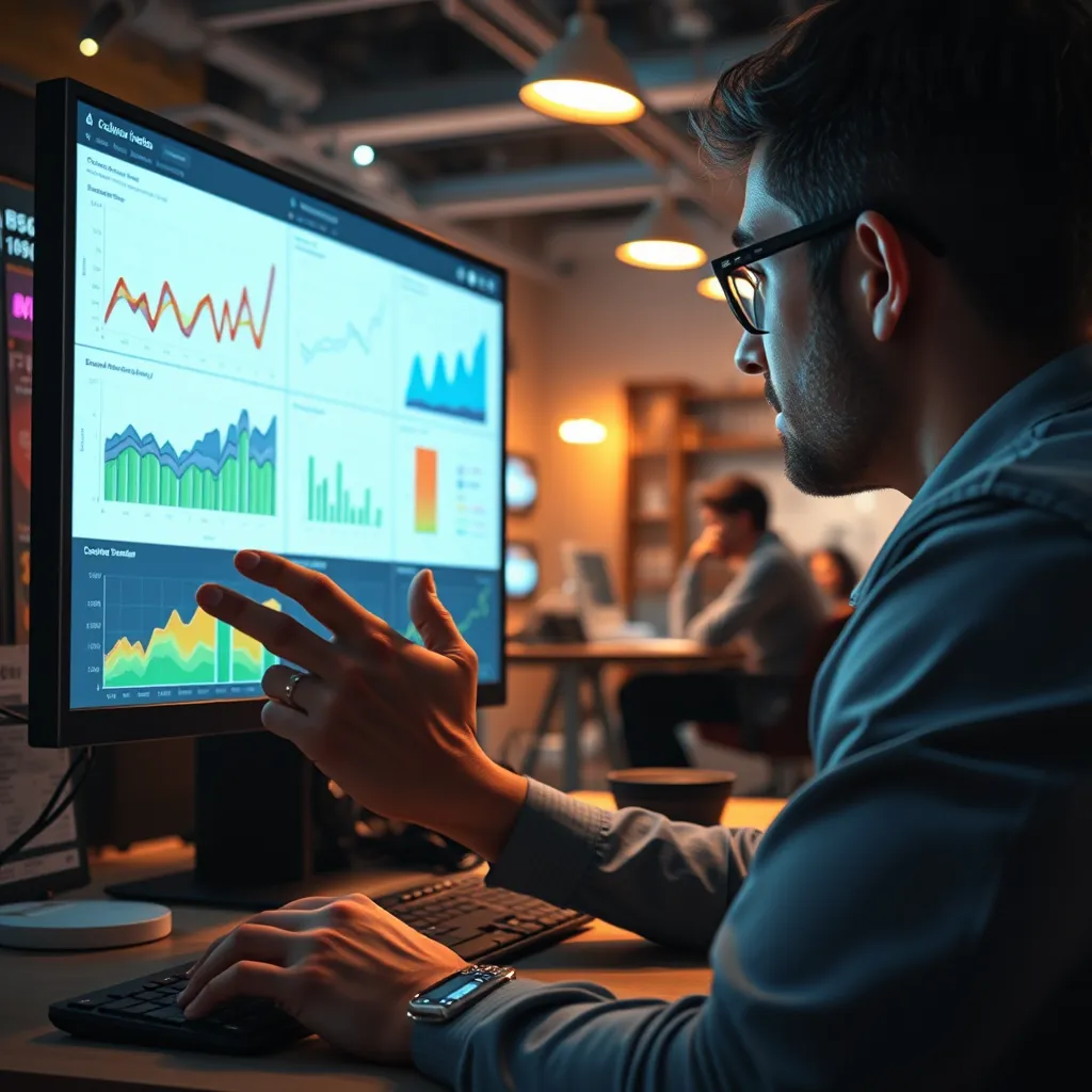 A person analyzing data on a computer screen, showing graphs and charts representing performance metrics for various content formats. In the background, a team collaborates on creating new content, illustrating the iterative process of optimization based on data insights.