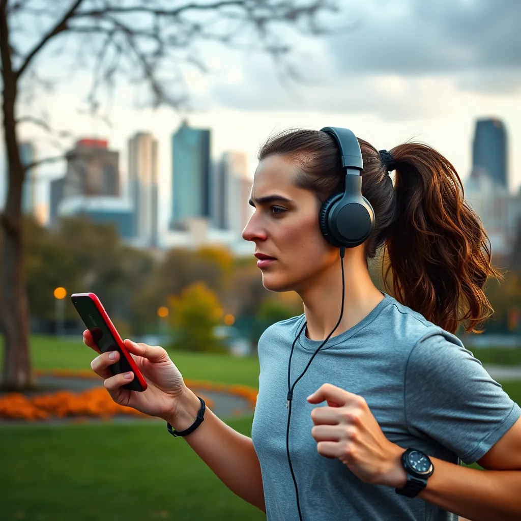 A person listening to an audio podcast on their phone while jogging in a park, with a vibrant cityscape in the background. The person is wearing headphones and has a focused expression, highlighting the accessibility and convenience of audio content.