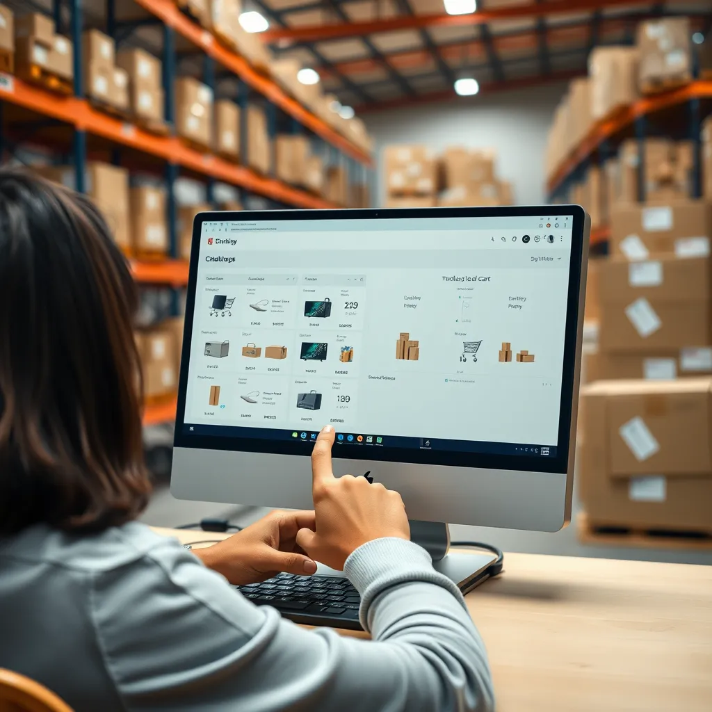 A person sitting at a computer, effortlessly browsing a product catalog on a website with a simplified interface. They are clicking on products to add them to their cart. In the background, a warehouse with neatly stacked boxes represents seamless inventory management.
