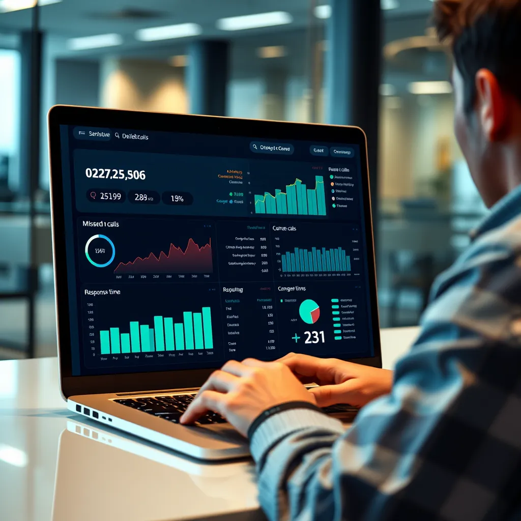 A person sitting in front of a laptop, reviewing a dashboard with graphs and charts. The dashboard shows the number of missed calls, conversion rates, response time, and other relevant metrics. The background should have a modern office setting, emphasizing the efficiency and data-driven approach.