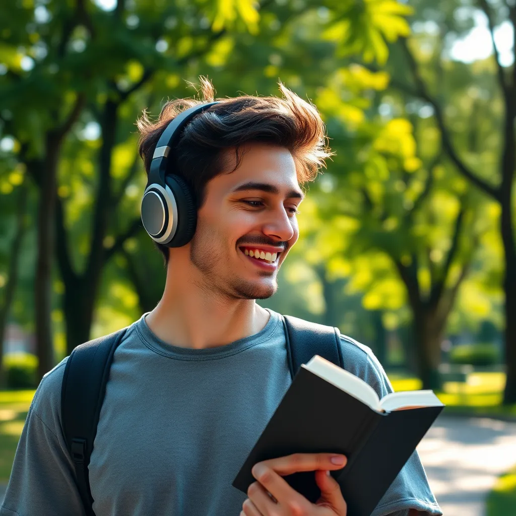 A person wearing headphones listening intently to an audiobook while walking in a park. The person is smiling and enjoying the experience. The background is a vibrant park with lush greenery and sunlight streaming through the trees.
