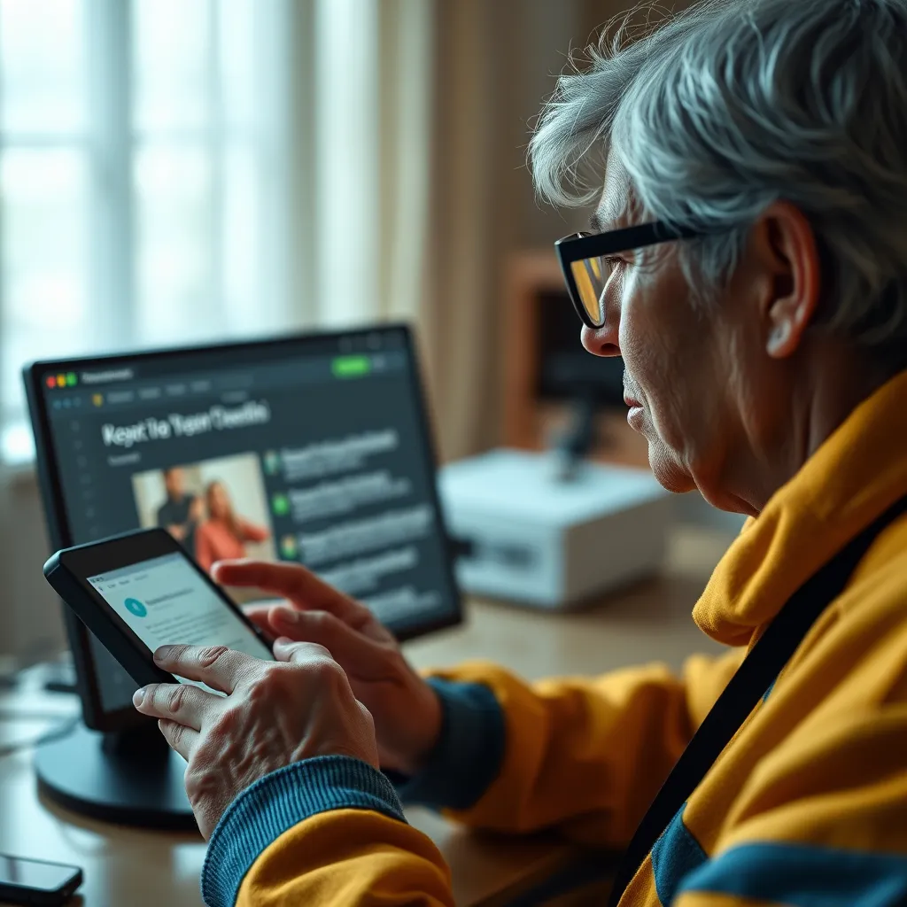 A person with a visual impairment using a screen reader to navigate a website. The image should showcase a website with clear and contrasting colors, easy-to-read fonts, and proper use of alt text for images, ensuring a positive user experience. The focus should be on the screen reader and the person's interaction with it.