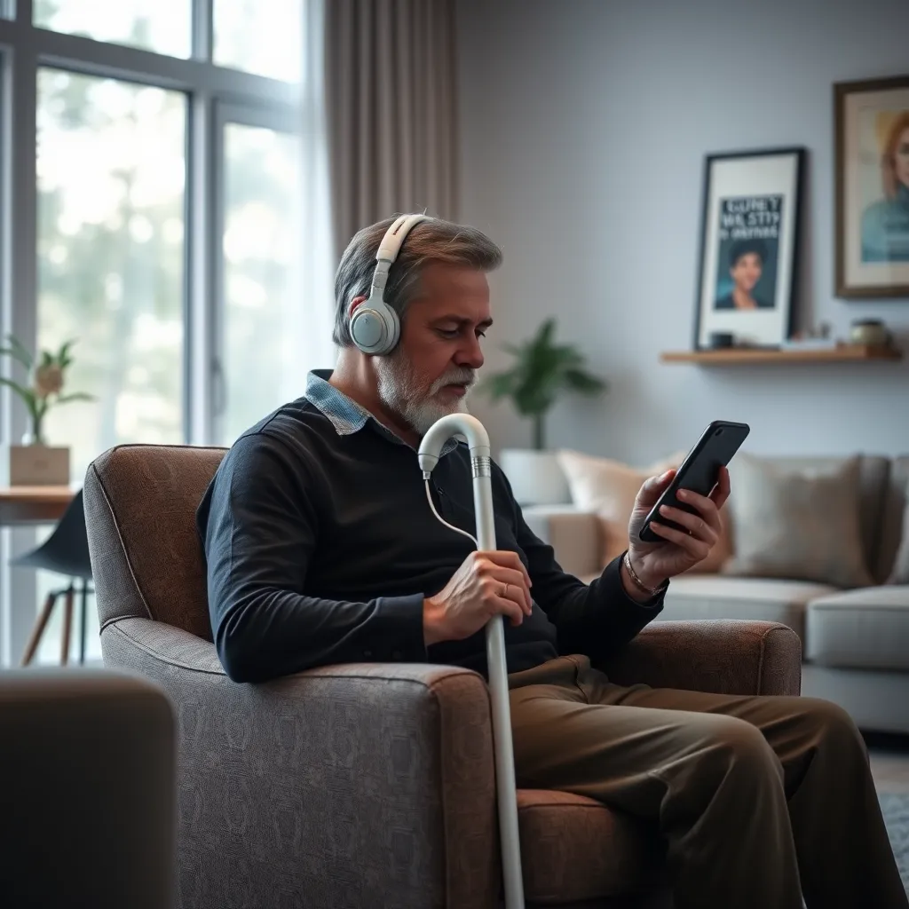 A person with a white cane listening to an audio book on their phone, sitting in a comfortable armchair in a modern living room. The image should convey a sense of relaxation and accessibility.