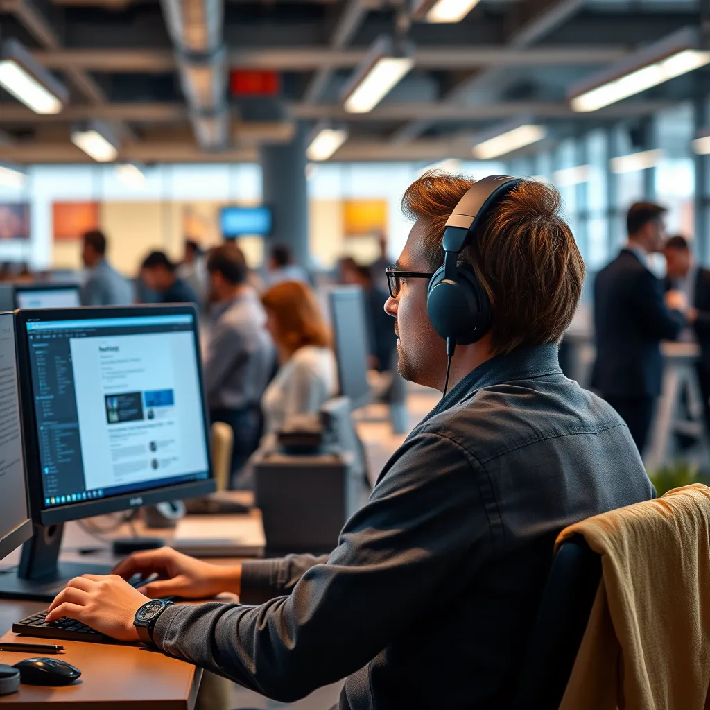 A person working at a computer, with headphones on, listening to an audio version of a blog post. The image should depict a bustling office environment, with other people working in the background. The person should be focused on their work, but also relaxed and enjoying the audio content.