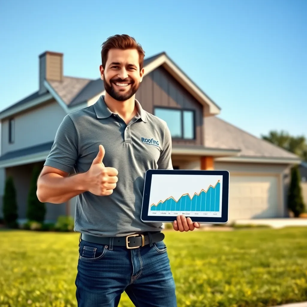 A photorealistic, ultra-high quality 8K resolution image of a successful roofing business owner confidently looking at the camera, standing in front of a modern, recently renovated house with a brand new roof. The background should be a clear blue sky and the house should be surrounded by lush green grass. The homeowner is standing next to the business owner, smiling and giving a thumbs up. The business owner is wearing a clean, branded polo shirt, and holding a tablet displaying a graph showing significant sales growth. The image should be warm and inviting, with natural lighting and soft shadows. The overall mood should be positive and optimistic, conveying a sense of success and trust. The image should be in the style of a modern, high-quality commercial photoshoot for a successful roofing company. , ultra high resolution, photorealistic, 8K, hyperdetailed, cinematic lighting