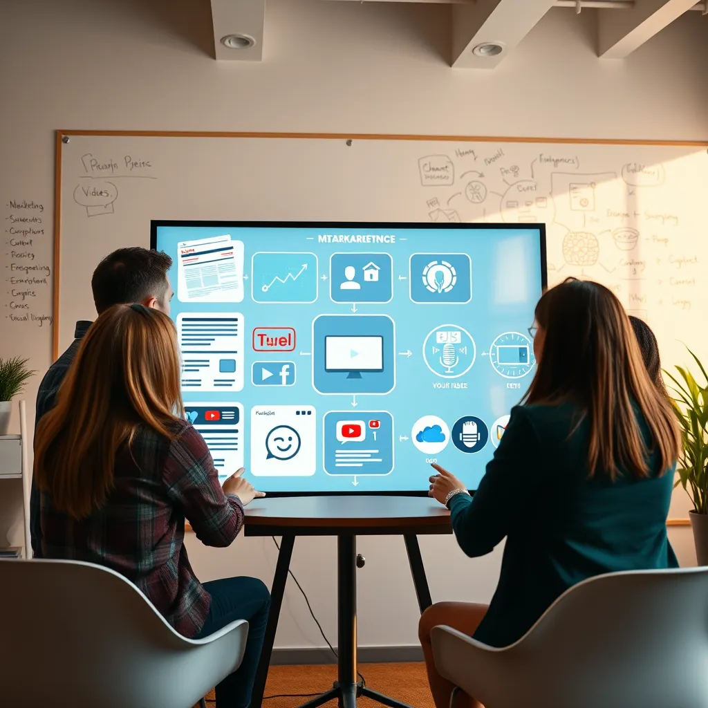 A photorealistic, ultra-high quality image of a team of professionals collaborating around a large, interactive screen displaying a multi-platform marketing strategy. The screen shows various elements like a newsletter, blog post, YouTube video, and podcast logo. The team members are diverse, representing different areas of expertise, such as marketing, content creation, and social media. The environment is modern and vibrant, filled with natural light and a whiteboard filled with creative brainstorming ideas. The image should convey a sense of teamwork, innovation, and strategic planning, in the style of a contemporary business magazine. 8K resolution, hyperrealistic, ultra-detailed, emphasizing warm and inviting lighting.