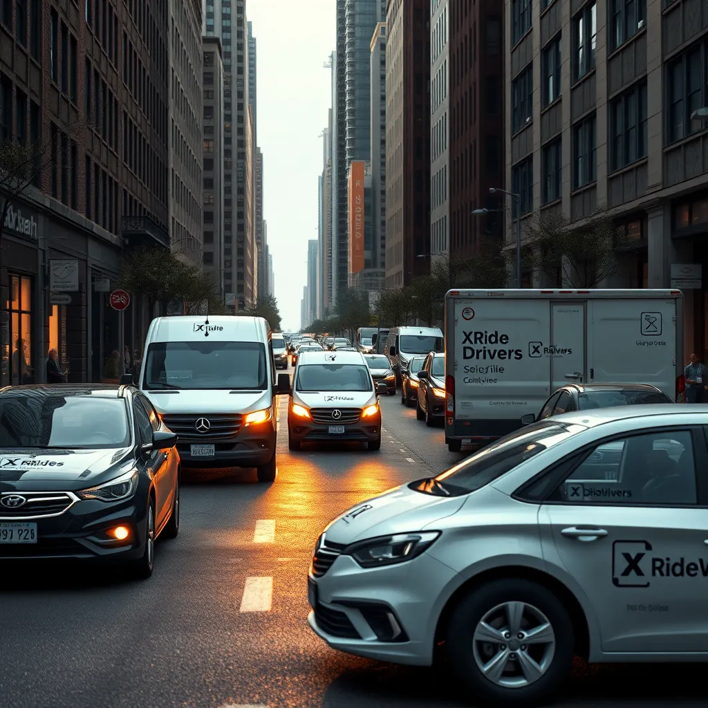 A photorealistic image of a busy city street with multiple vehicles, including a car, van, and box truck, each with the XRide Drivers logo displayed prominently. The vehicles are engaged in various delivery activities, such as picking up packages from a store or delivering items to a residential address.