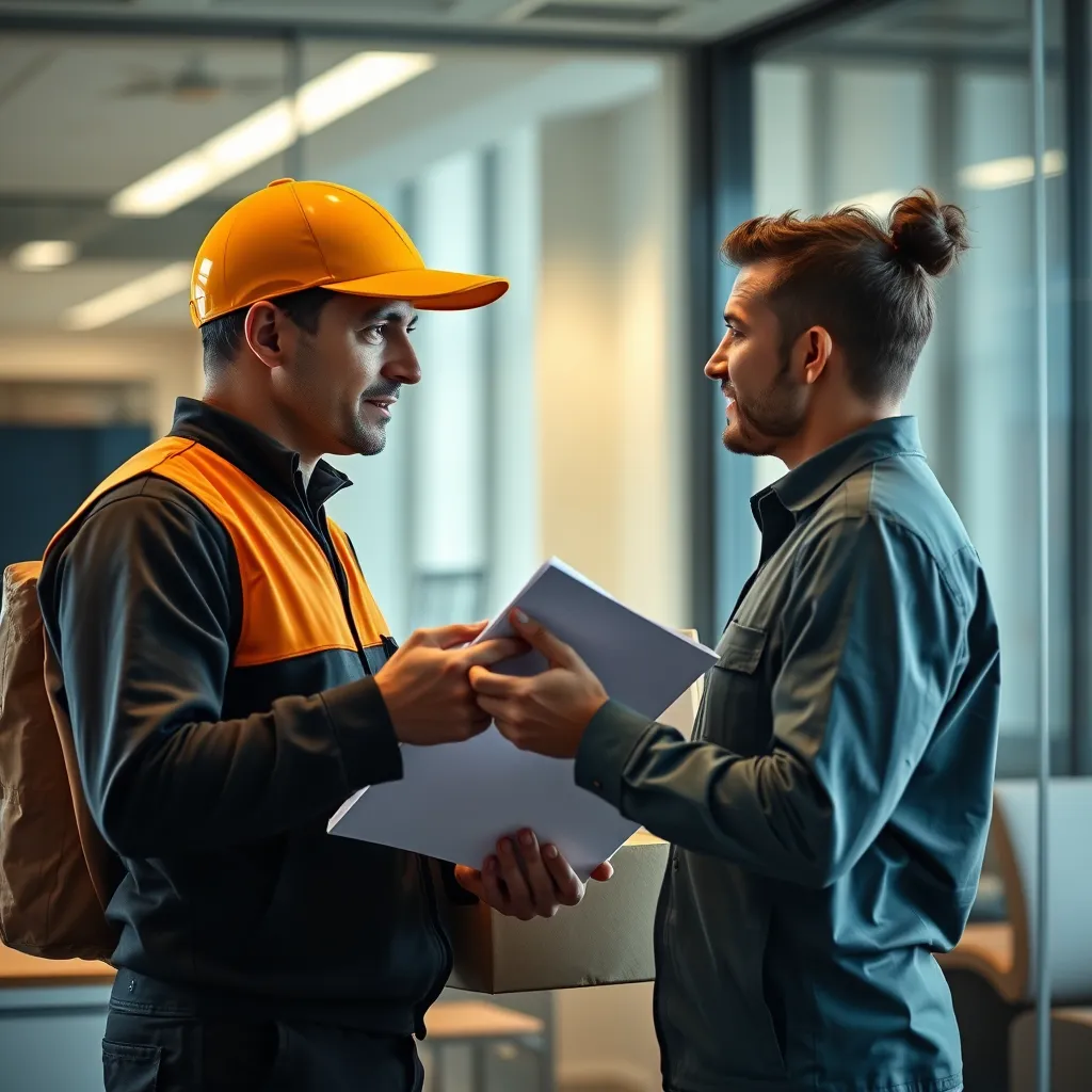 A photorealistic image of a delivery driver interacting with a client, discussing a delivery plan and logistics. The scene should be set in a professional office environment, emphasizing the collaborative nature of the delivery service.