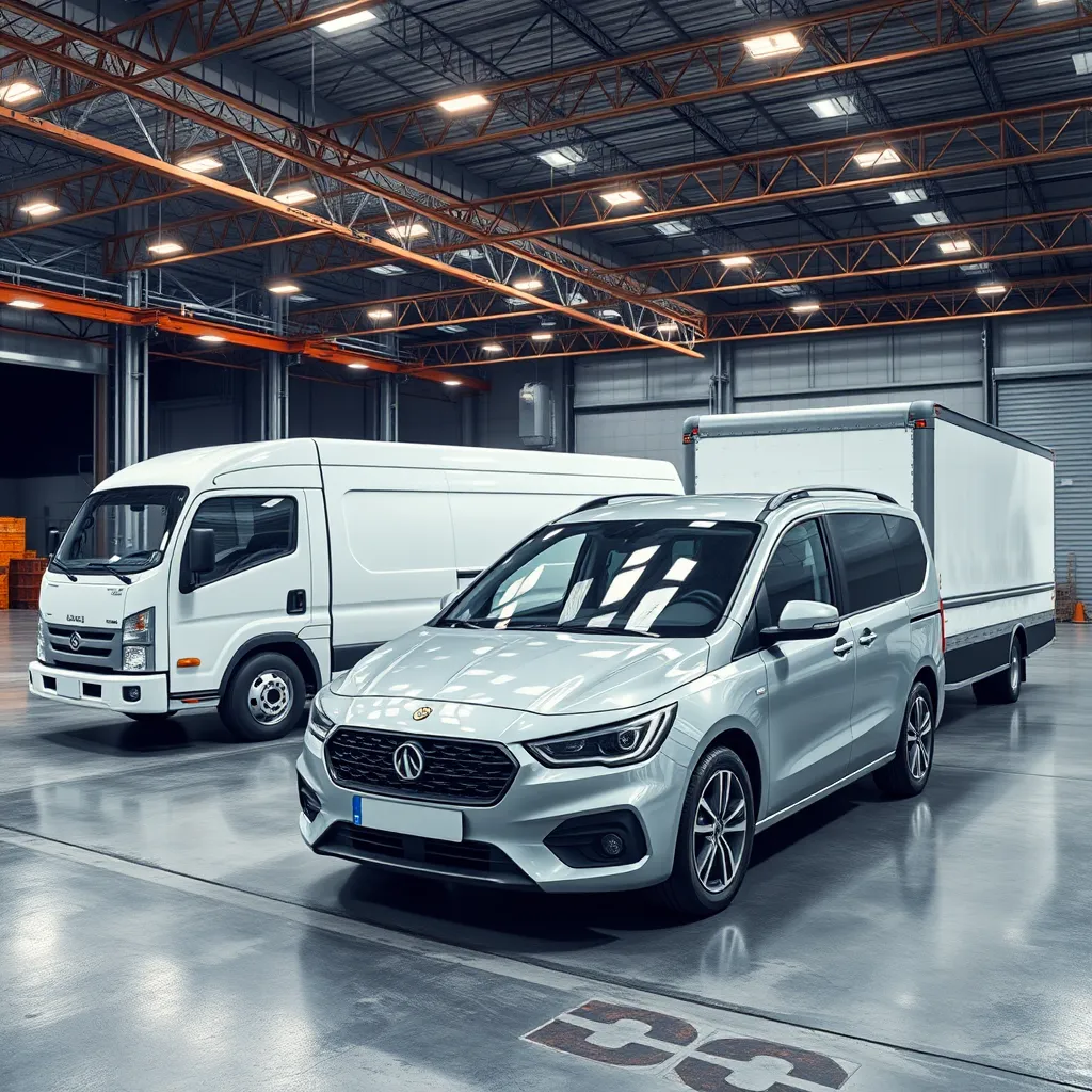 A photorealistic image of a diverse fleet of delivery vehicles, including a car, a van, and a box truck, parked neatly in a warehouse or loading dock. The vehicles should be clean and modern, showcasing a professional and reliable delivery service.