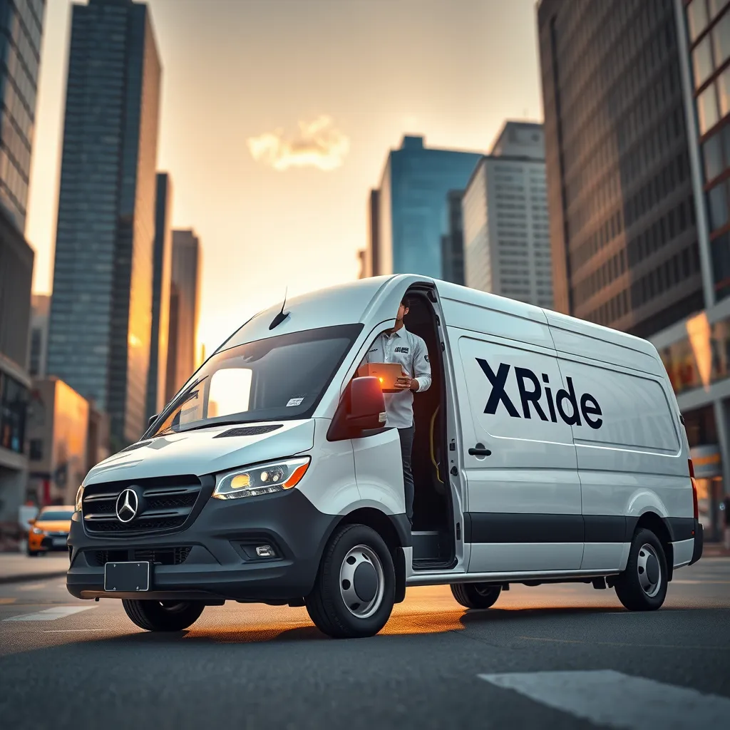 A photorealistic image of a modern white van with the XRide Drivers logo prominently displayed on the side. The van is parked in front of a bustling cityscape, with tall buildings and busy streets. The sun is setting, casting a warm golden glow on the scene. The van is open, revealing a smiling driver in a branded uniform holding a package. The image should be shot from a low angle, emphasizing the van's size and presence. Render it in 8K resolution, with ultra-detailed textures and sharp focus on the van and the driver. The mood should be one of efficiency, reliability, and customer satisfaction. Style it after a high-end automotive advertisement.