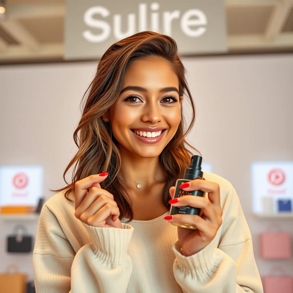 A photorealistic image of a popular influencer holding a product from an online store, smiling genuinely and looking at the camera. The background should feature a branded backdrop, showcasing the online store's logo and branding elements. The image should convey authenticity and confidence.