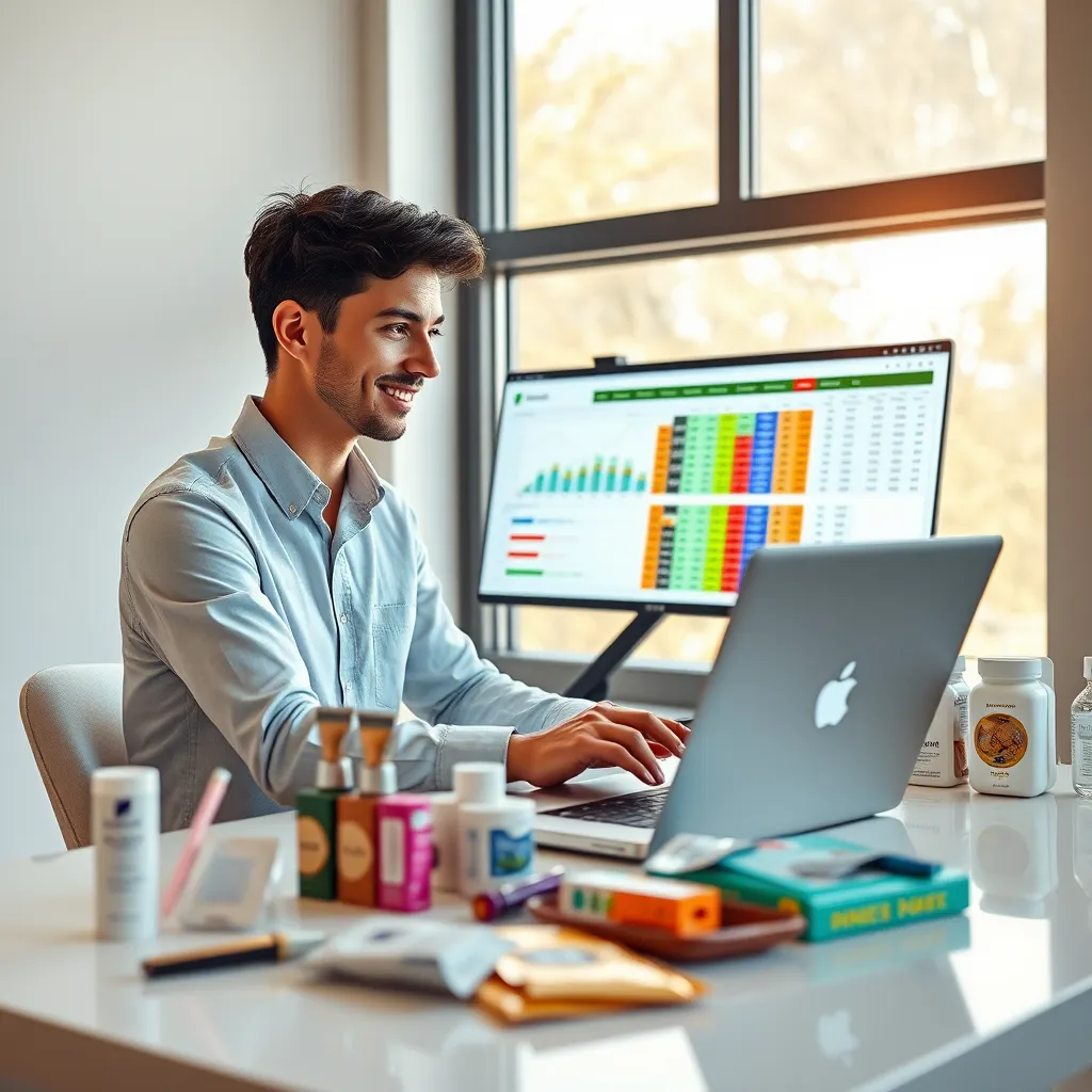 A photorealistic image of a young, successful influencer sitting at a sleek, modern desk, surrounded by product samples and packaging materials. They are using a laptop to research and select products, with a vibrant, color-coded spreadsheet on the screen showcasing market trends and product performance data. Natural light streams in from a large window behind them, casting soft, warm light on the scene. The overall mood is professional, organized, and energetic, reflecting the thrill of discovering new products and opportunities. Render the image in 8K resolution with ultra-detailed textures and materials, capturing the sleekness of the laptop, the vibrancy of the packaging, and the subtle textures of the influencer's clothing and surroundings. The composition should focus on the influencer's engaged expression as they explore potential products, highlighting the excitement and empowerment of the product sourcing process. Style the image in a contemporary, minimalist aesthetic, inspired by the work of renowned photographers known for capturing professional, high-achieving individuals in their element.