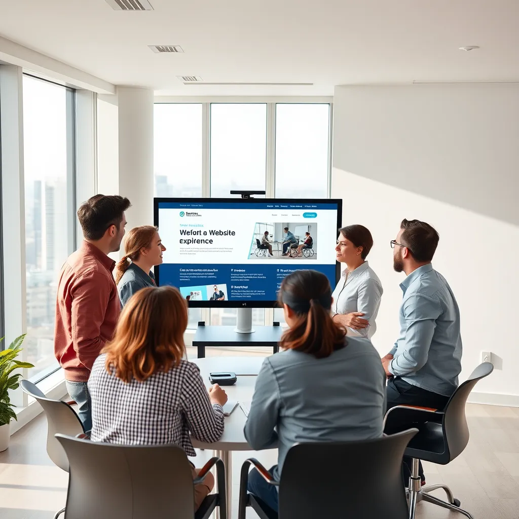 A professional, clean, and modern office setting. A team of diverse developers and designers are gathered around a large monitor, reviewing a website on a screen. The website is a mock-up of a company landing page, with clear headings, alt text on images, and a focus on user experience. The room is bright and well-lit with large windows and a view of a cityscape in the background. The image should convey a sense of collaboration and expertise, highlighting the process of conducting a thorough audit to ensure website accessibility. The image should be in 8K resolution, hyperrealistic, with meticulous attention to detail. The focus should be on the team and the website screen, showcasing the elements of accessibility being assessed. The overall mood should be professional, confident, and reassuring, highlighting the meticulous and comprehensive nature of the audit process.