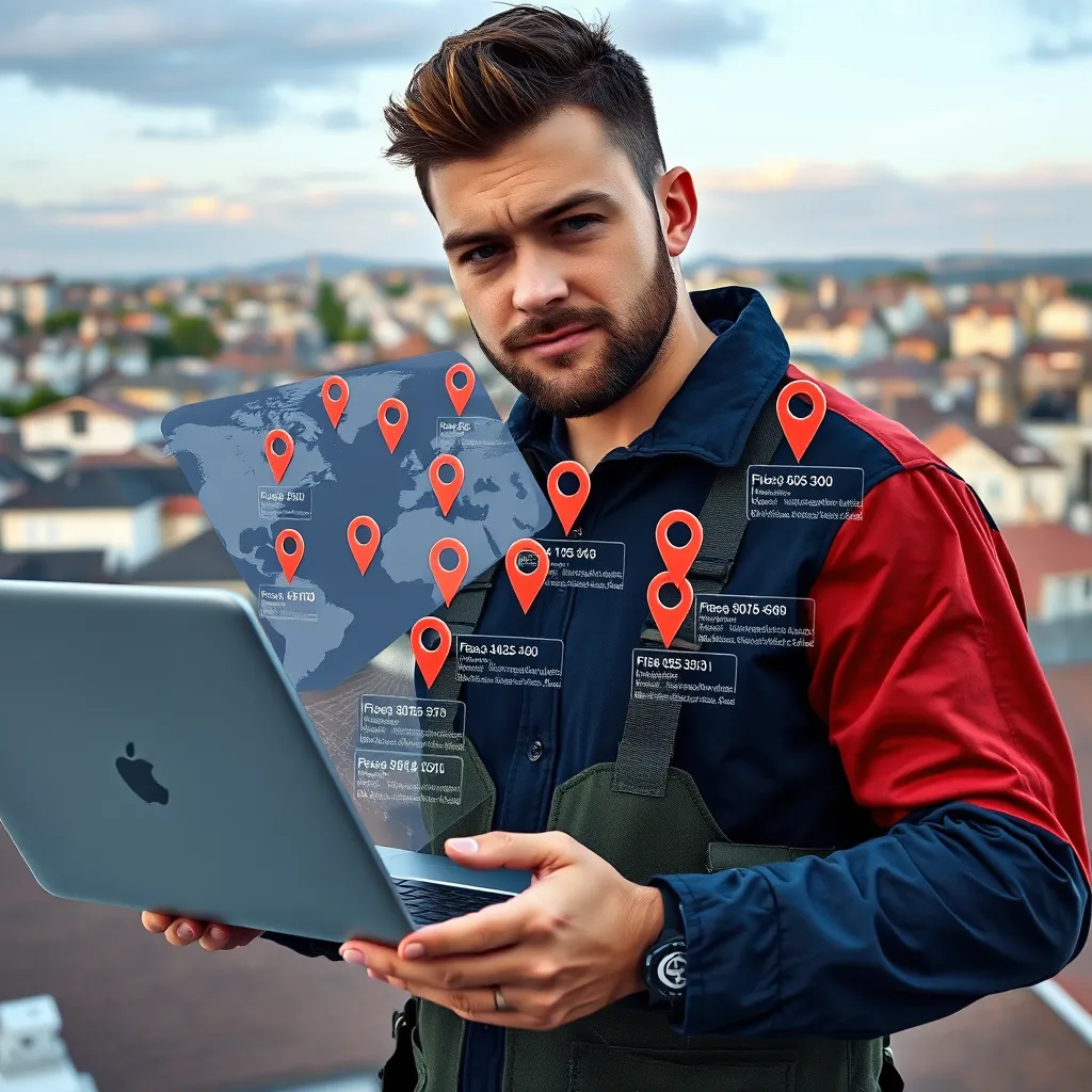 A professional-looking roofer standing in front of a laptop showing a map with multiple markers indicating potential leads, with a futuristic AI interface overlay displaying data about each lead. The background should be a cityscape with houses and buildings.