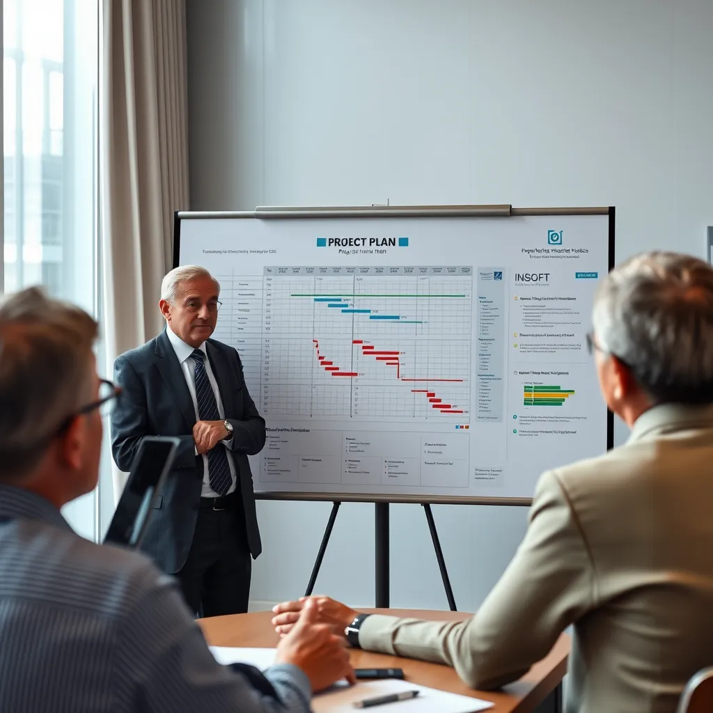 A professional project manager presenting a detailed project plan to a group of government officials. The image should depict a well-organized presentation, showcasing Gantt charts, timelines, and key milestones.